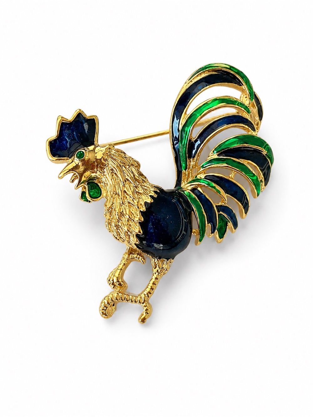Vintage Brooch Pin Enamel Rooster Gold Rhinestone - Picture 2 of 5